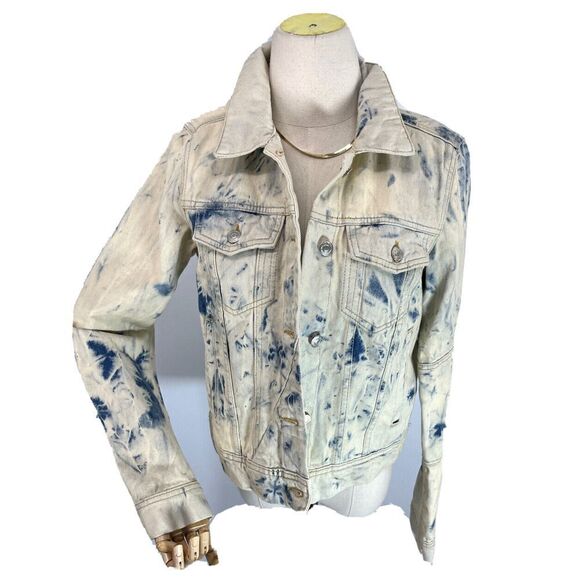Free People Jean Jacket Acid Wash Tie Dye Denim S Cream Blue Rumor Jones - Picture 2 of 16